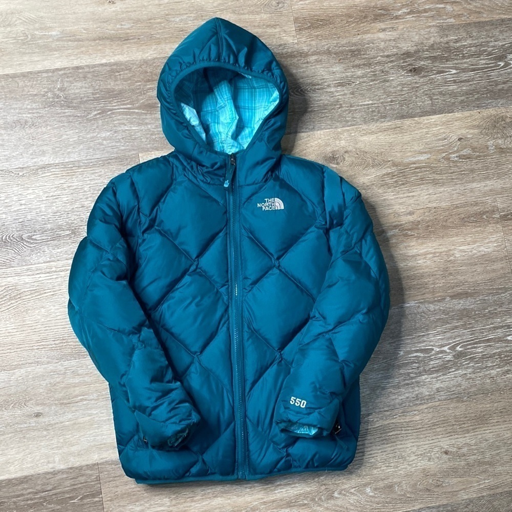 The North Face Kids Teal Hooded 550 Down Puffer Jacket